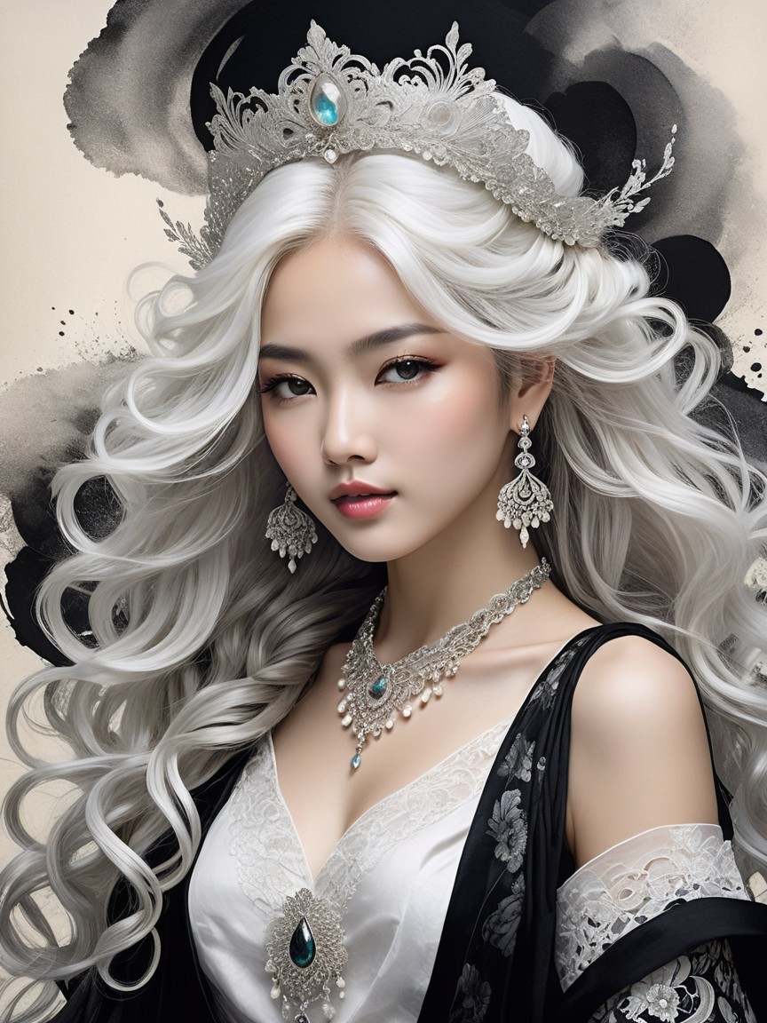 Portrait of a Young Woman with White Hair and Crown