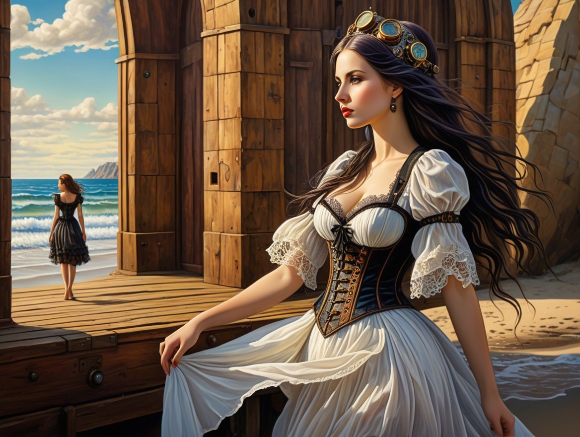 Two Women by Coastal Structure with Scenic Background