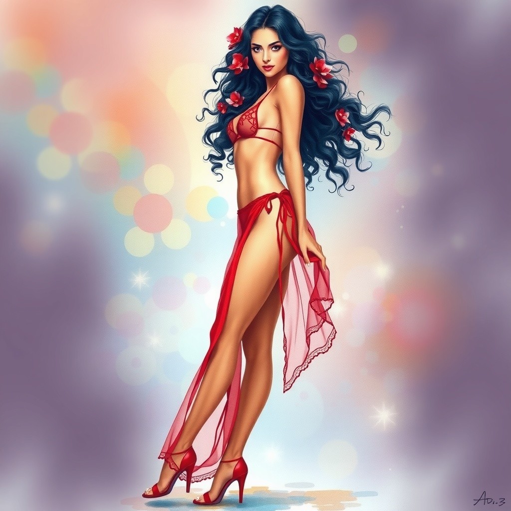 Confident woman in vibrant red bikini with floral accents