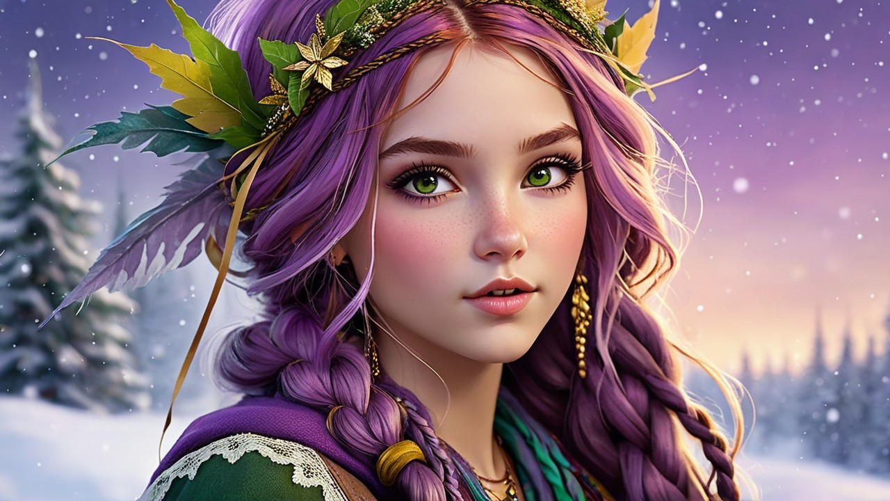 Young woman with purple hair in snowy landscape