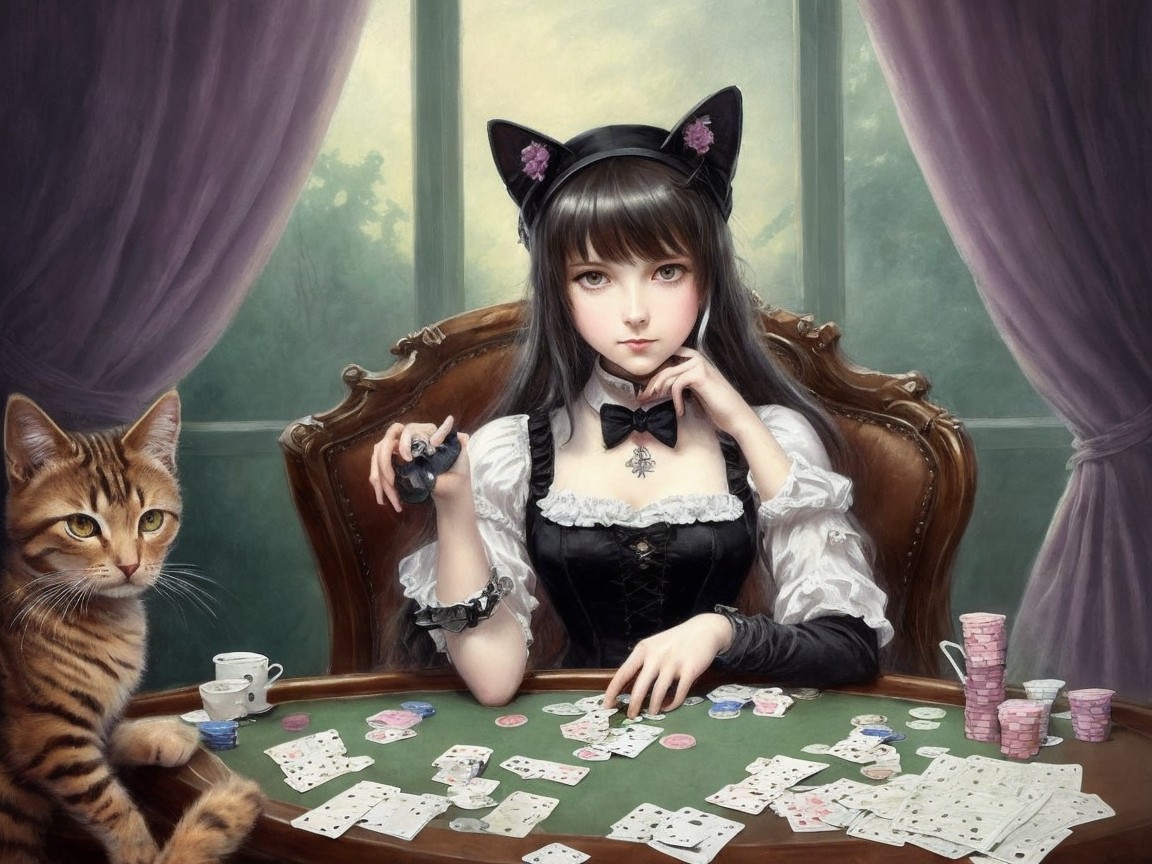 Young woman with cat ears at lavish poker table