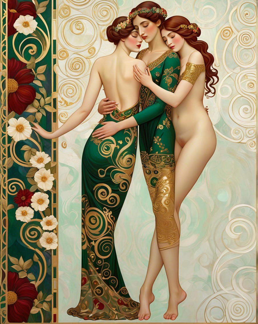 Ethereal Figures Embracing in Flowing Garments