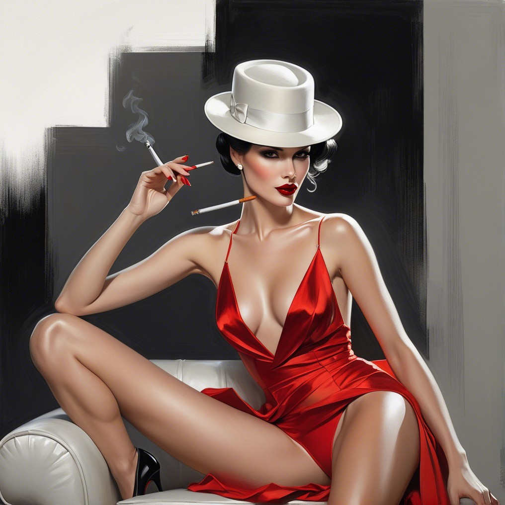 Glamorous Woman in Red Dress and Vintage Hat