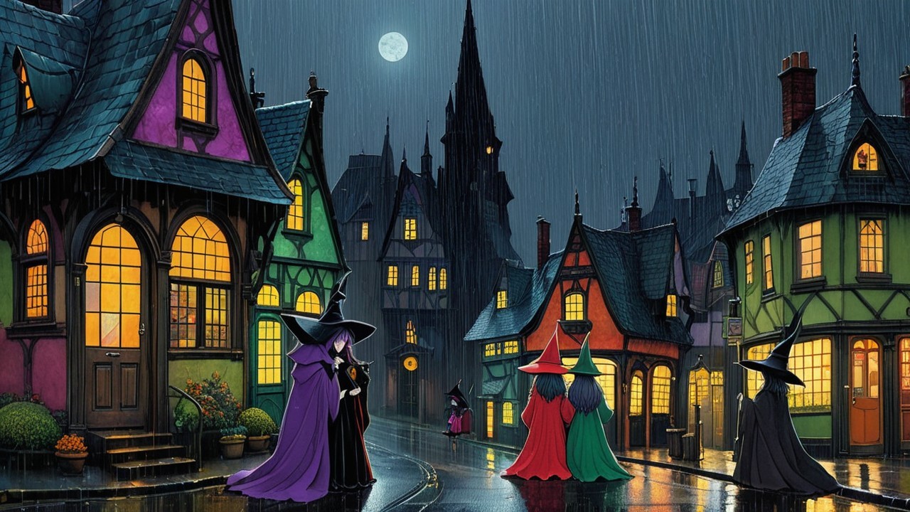 Whimsical Nighttime Village with Glowing Windows