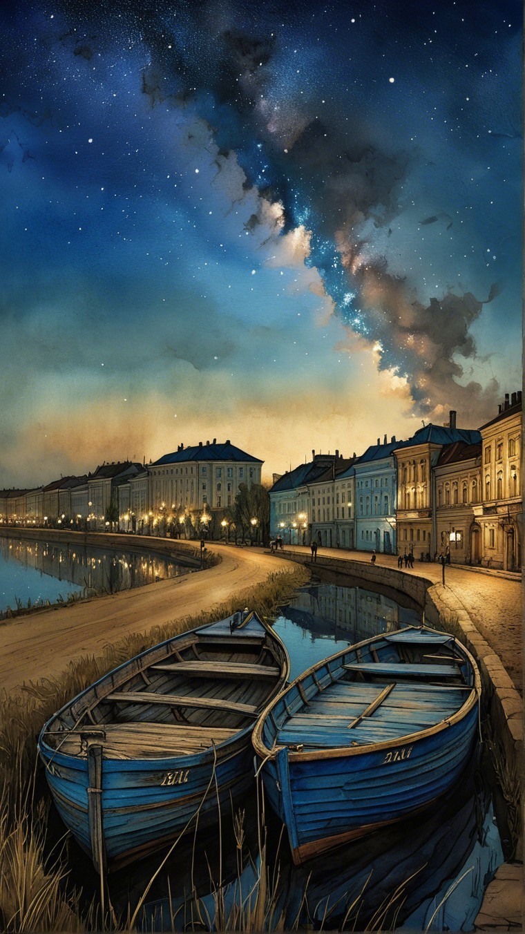 Serene Waterfront at Dusk with Starry Sky and Boats
