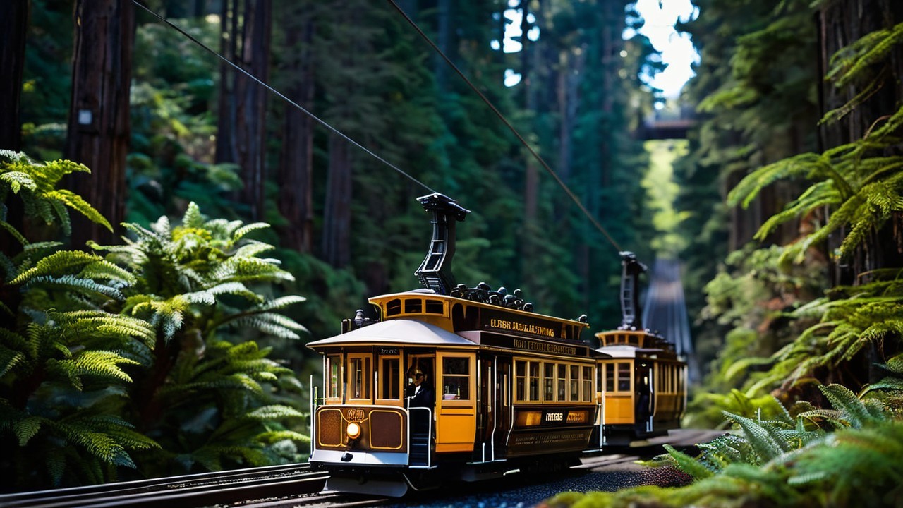 Vintage Trams in a Lush Redwood Forest Setting