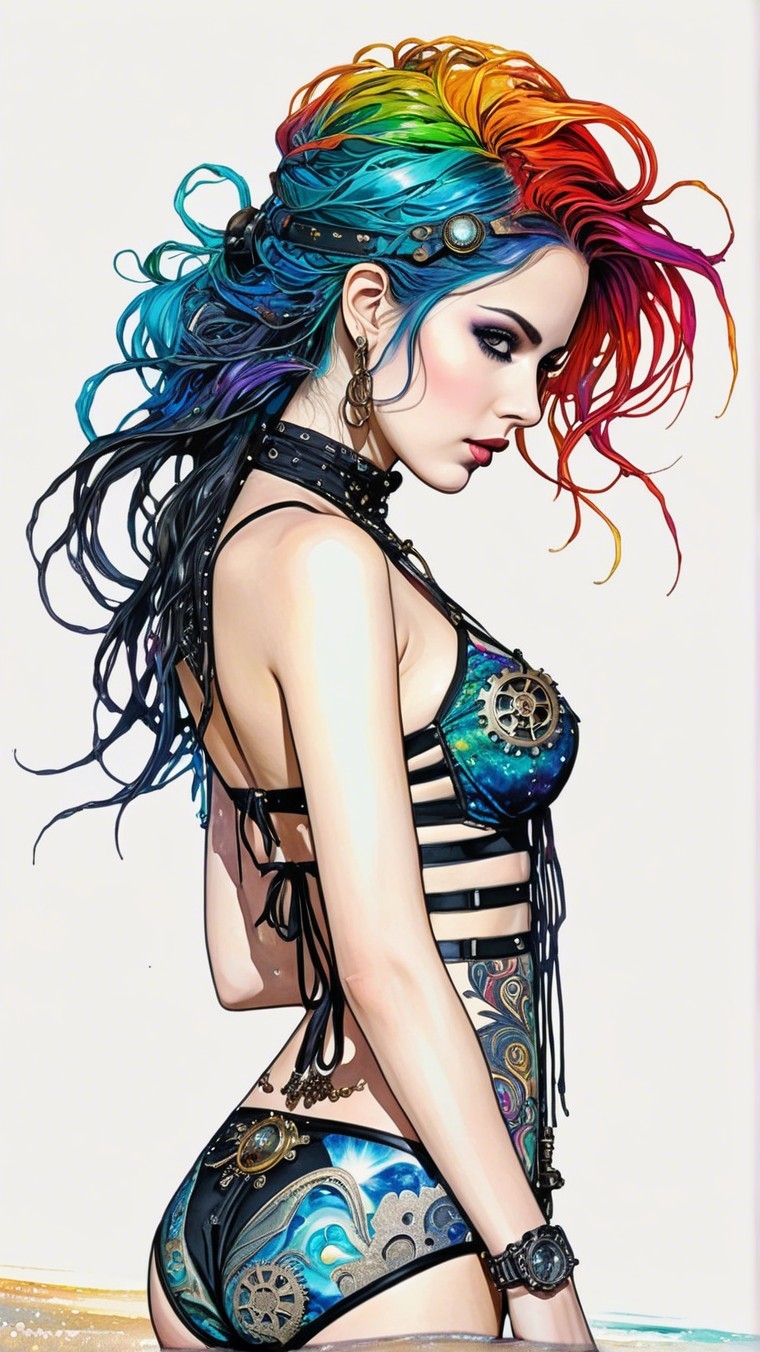 Young woman in vibrant steampunk-inspired outfit