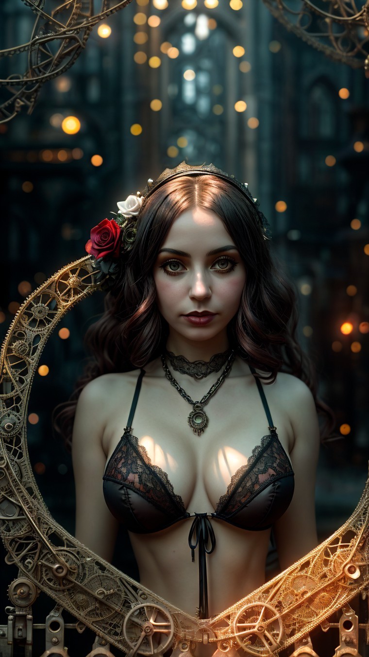 Ethereal Woman Framed by Golden Gears and Lights