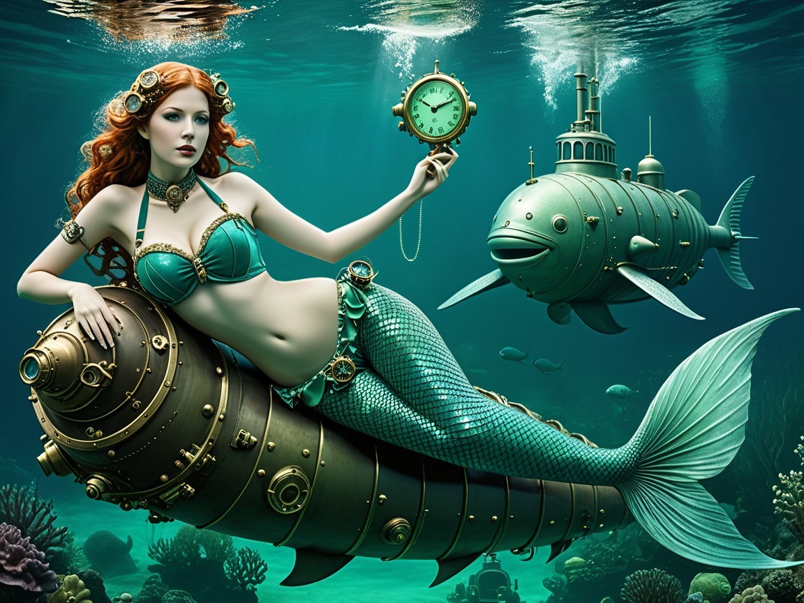 Steampunk Mermaid on Brass Torpedo Machine Underwater