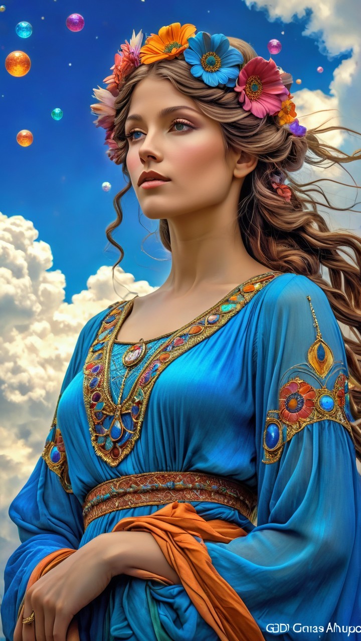 Young woman in blue dress against vibrant celestial sky