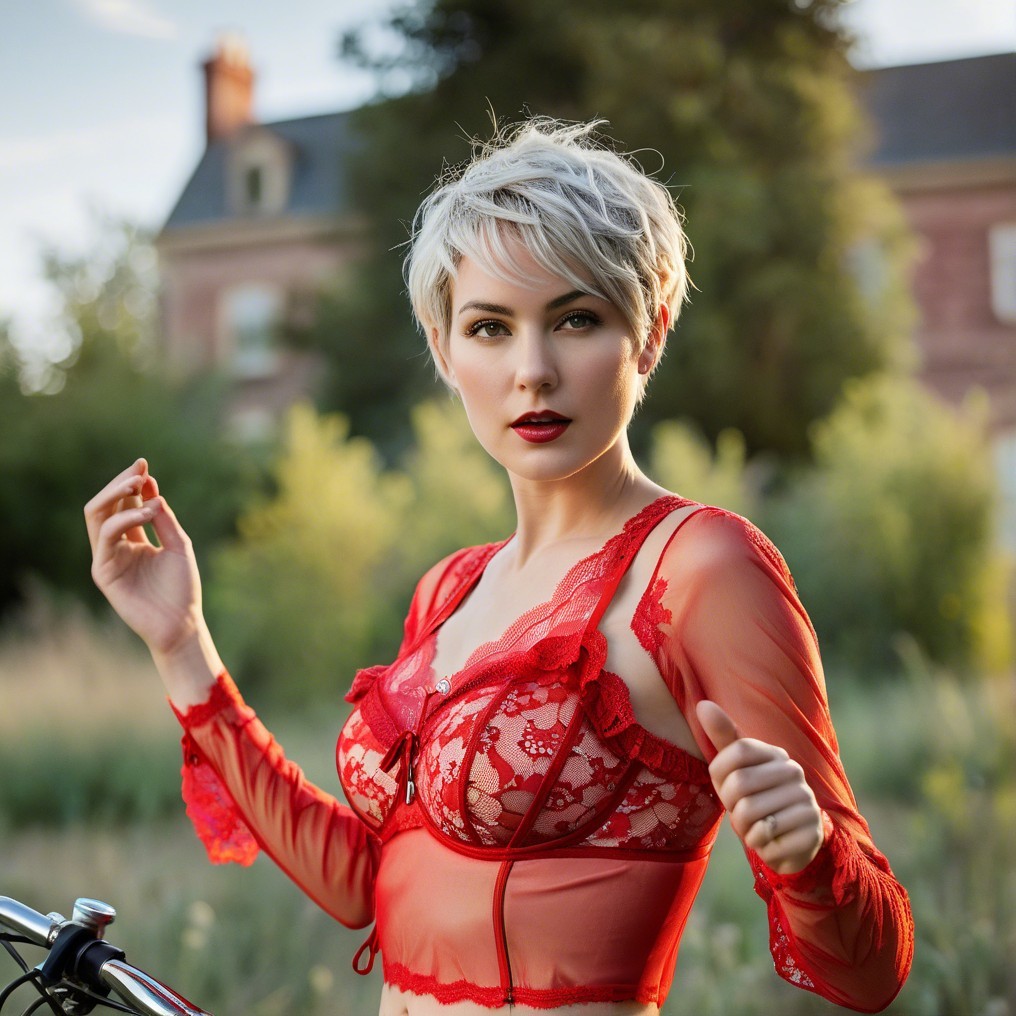 Young woman in red lace lingerie near a bicycle outdoors