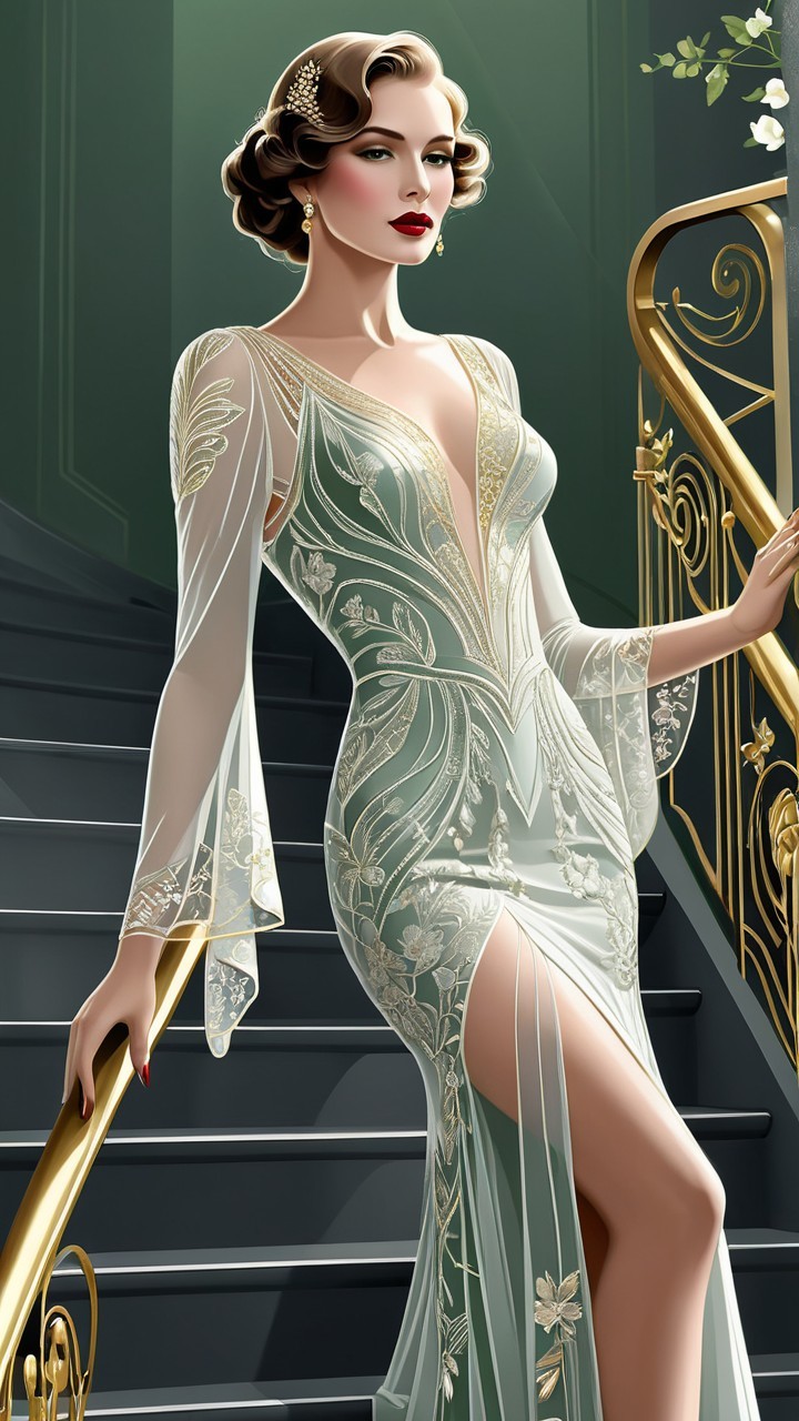 Elegant Woman in Vintage Gown on Grand Staircase