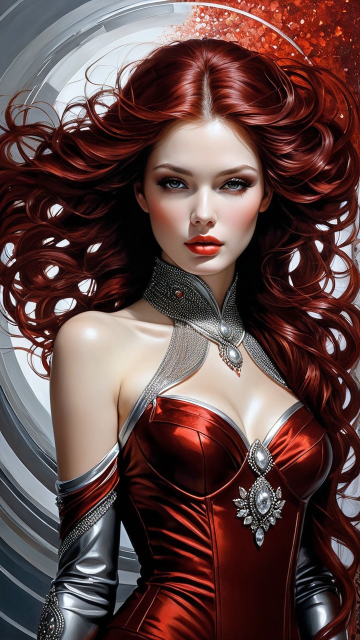 Elegant figure in red gown with flowing red hair