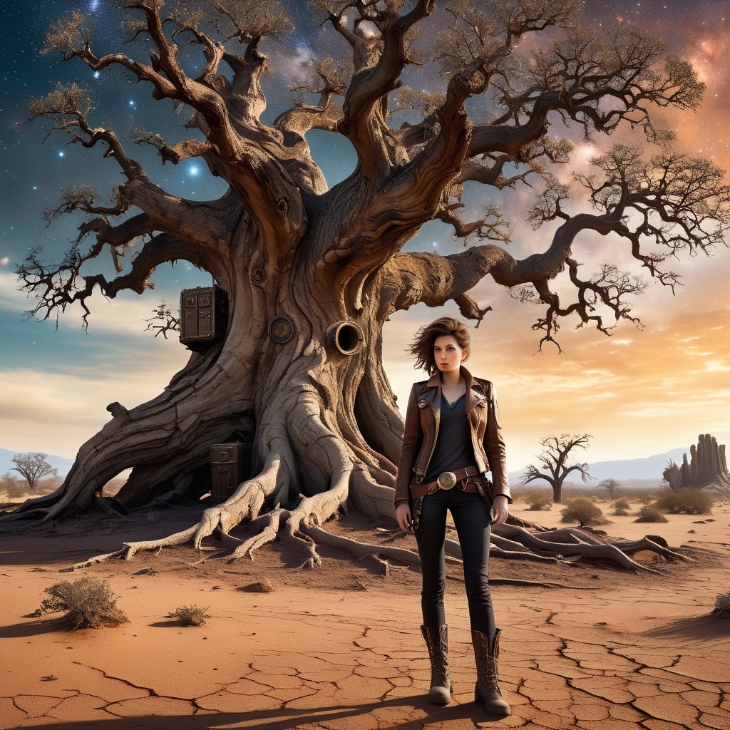 Young Adventurer by Ancient Tree at Sunset Sky
