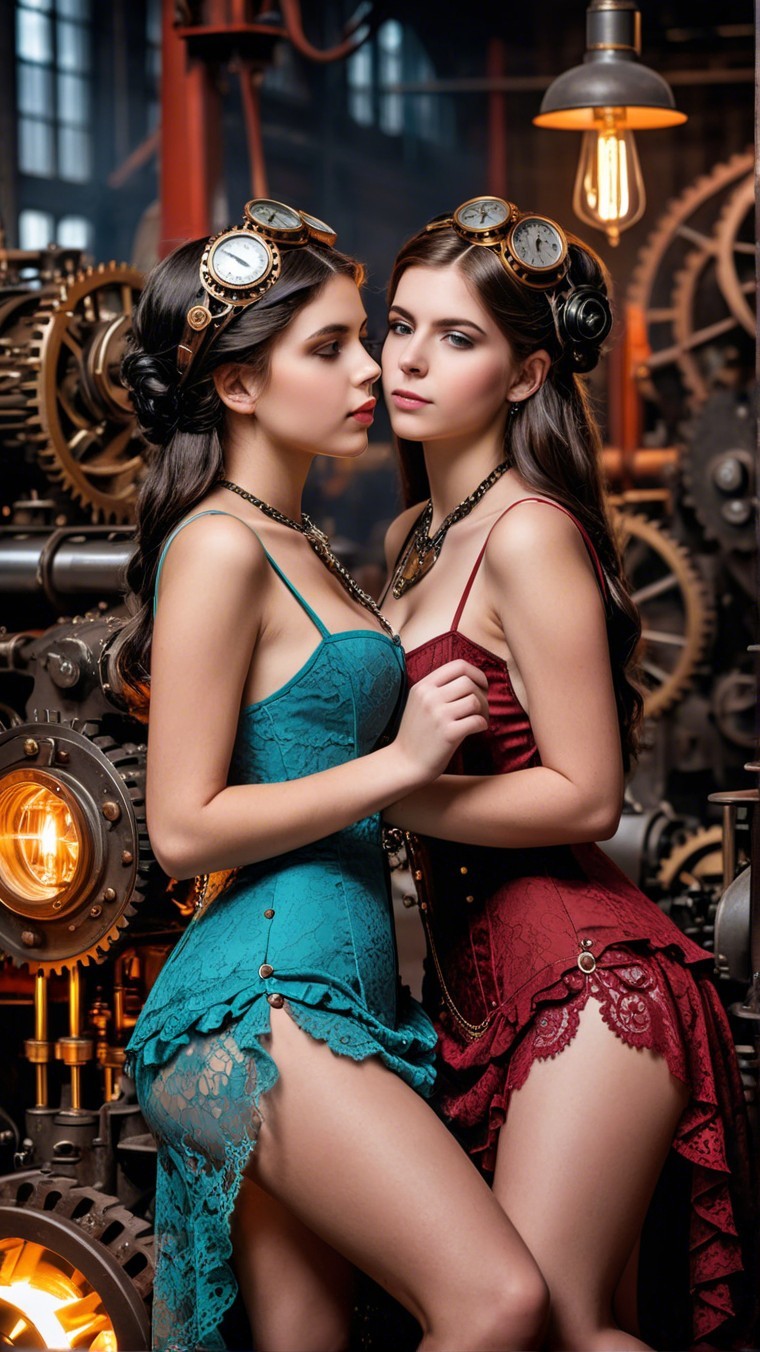Elegant Women in Steampunk Setting with Unique Outfits