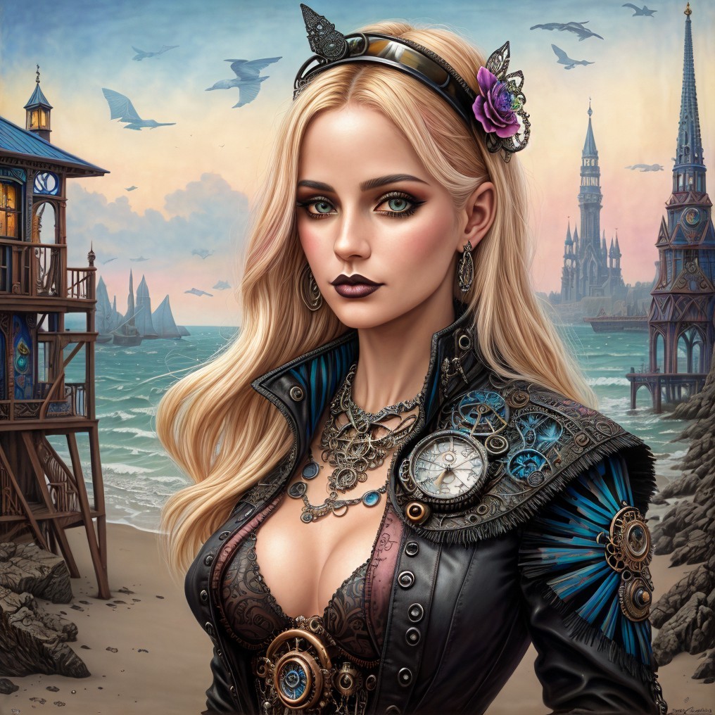 Steampunk Woman Against Scenic Shoreline Background