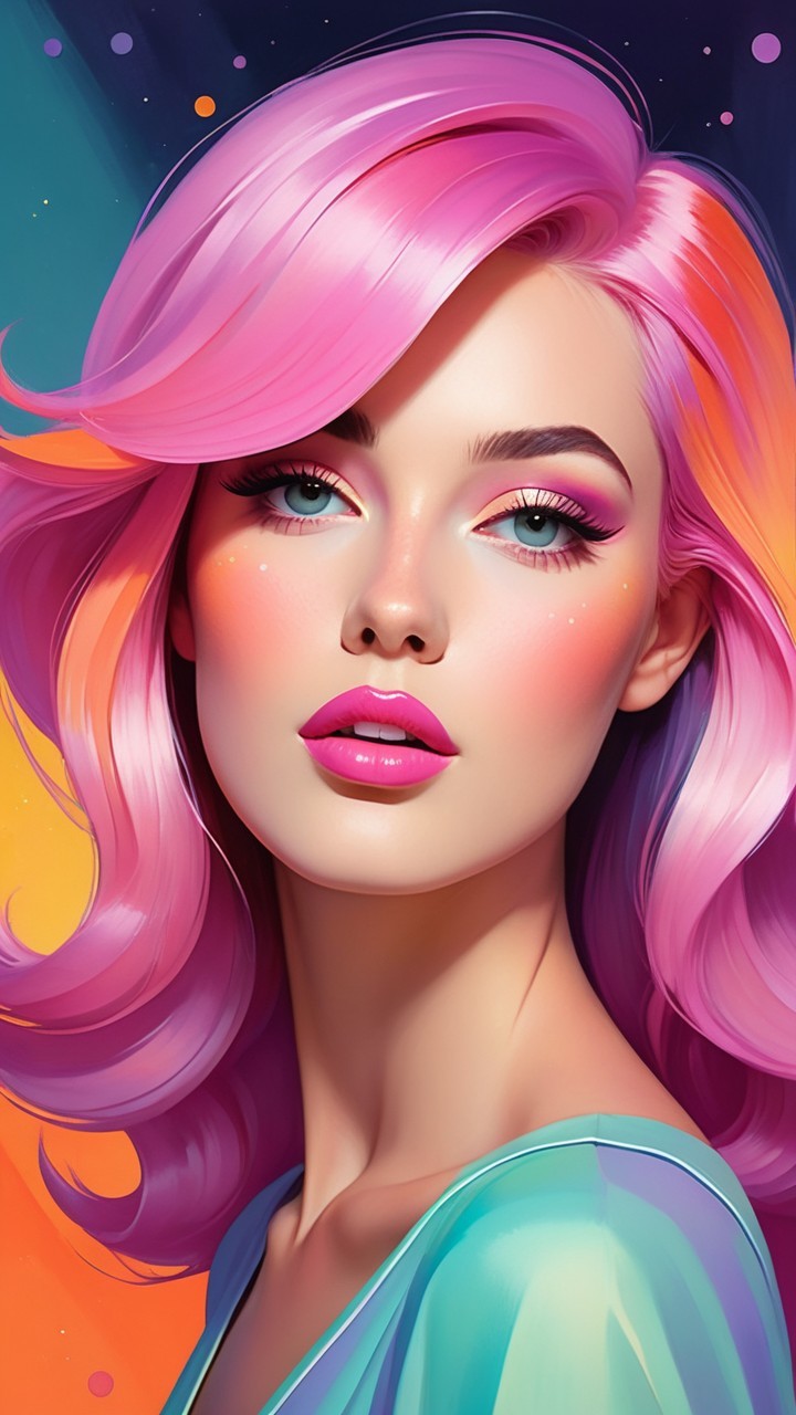 Stylized portrait of a woman with pink hair and blue eyes