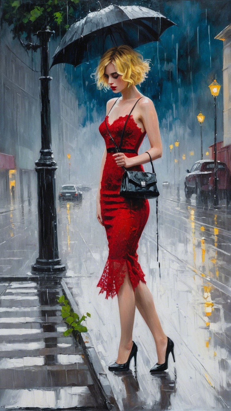 Woman in red lace dress walking barefoot in rain