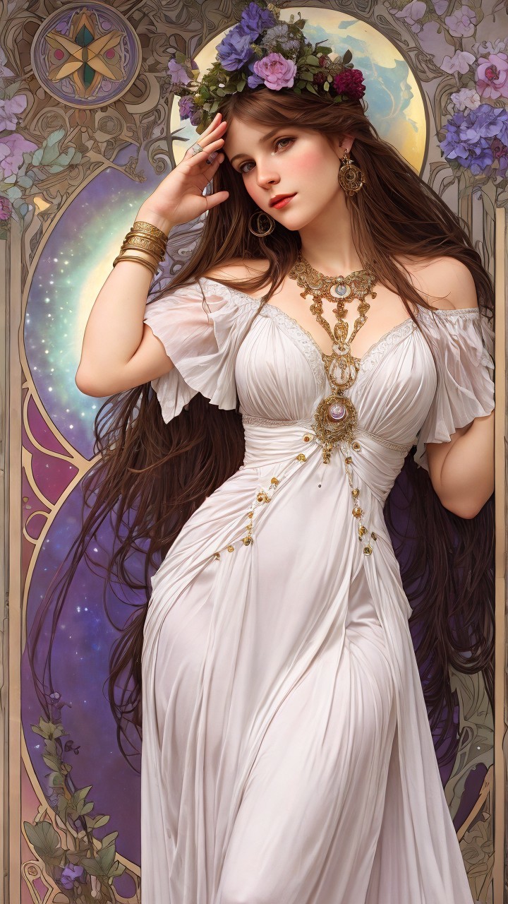 Serene Woman in White Gown with Floral Crown