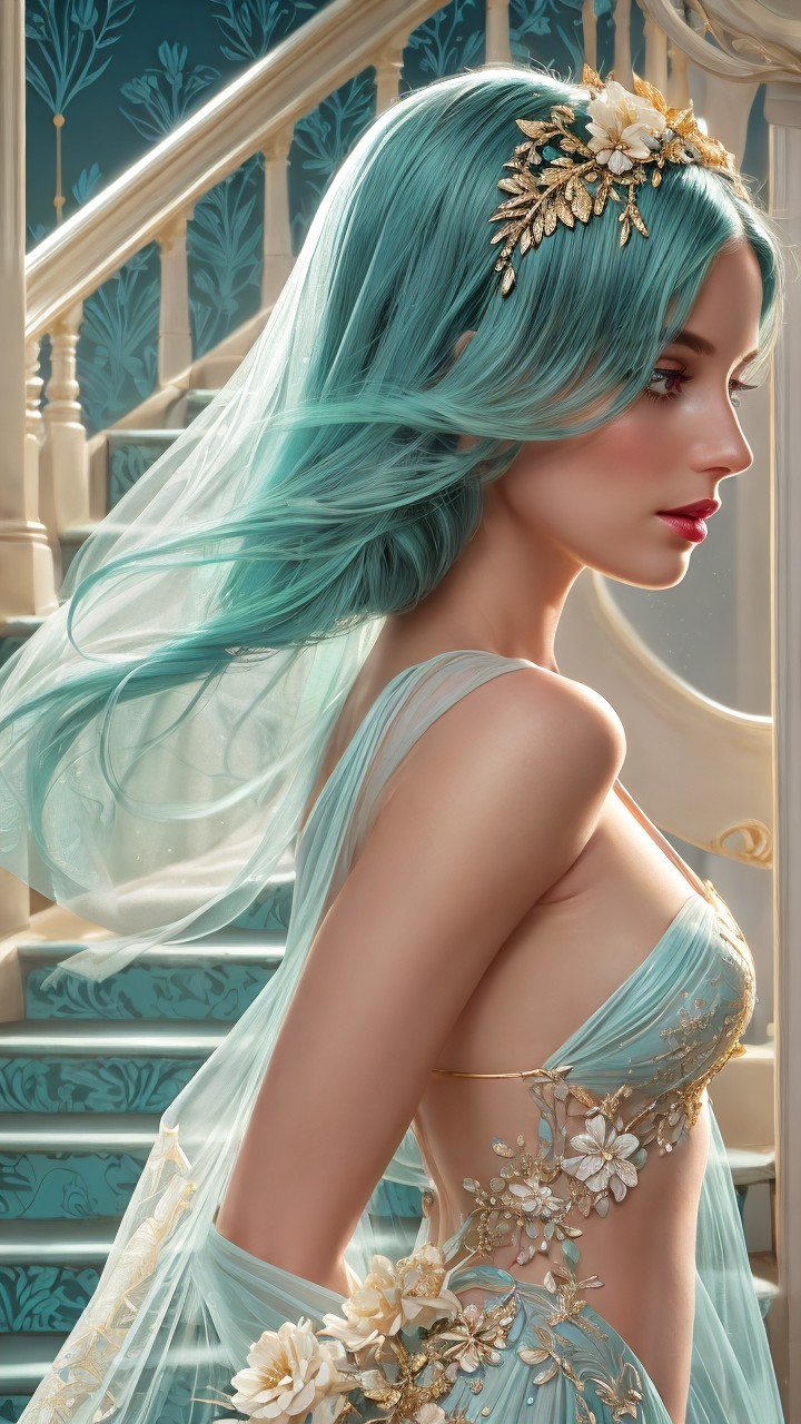Young woman with aqua hair in ornate fantasy setting