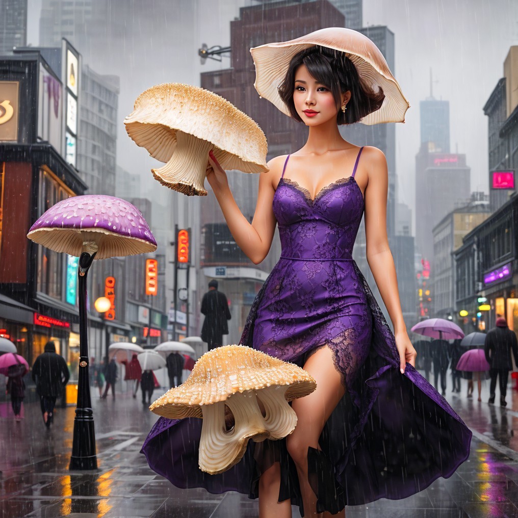 Fashionable woman in purple dress with oversized mushrooms