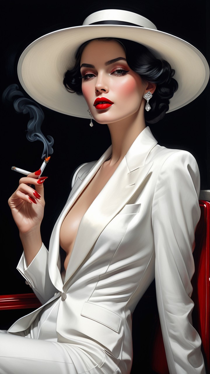 Elegant Woman in White Suit with Vintage Style
