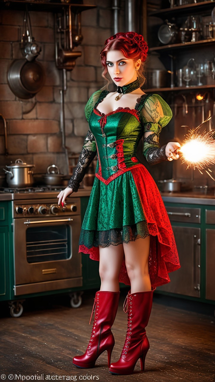 Woman in Vintage Kitchen with Corseted Dress and Sparkler