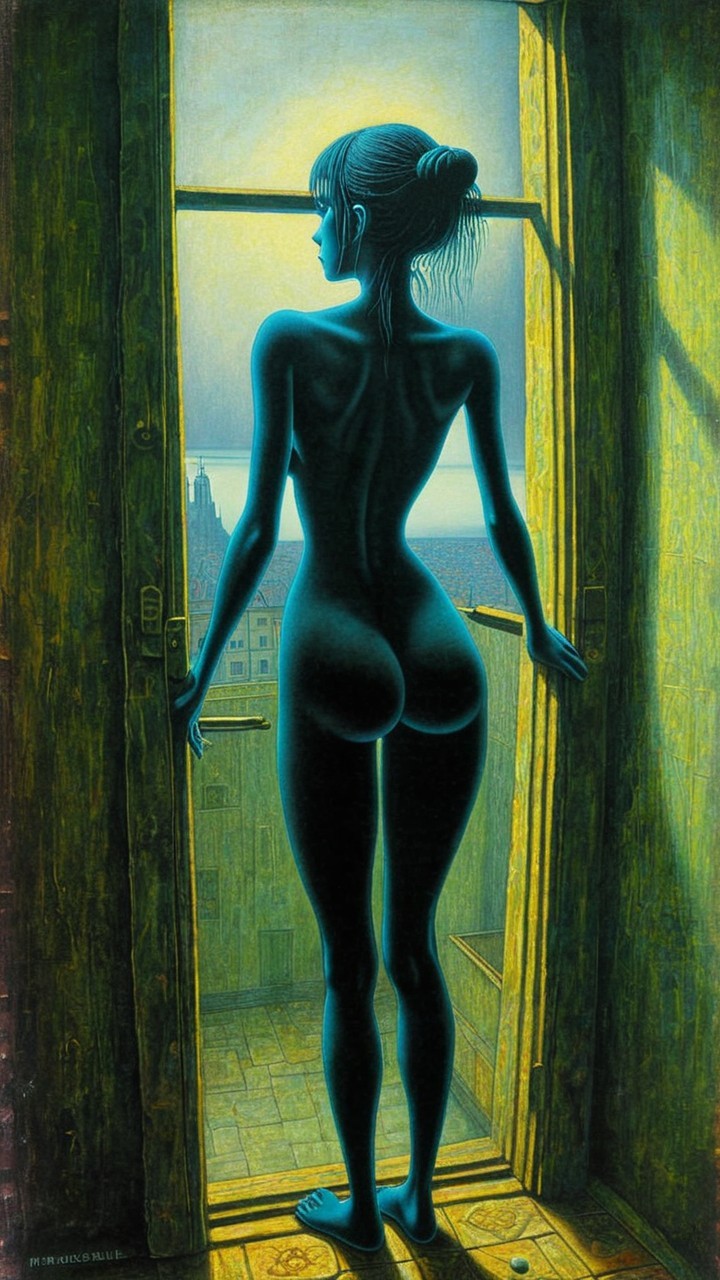 Nude Female Figure in Doorway with Serene Landscape