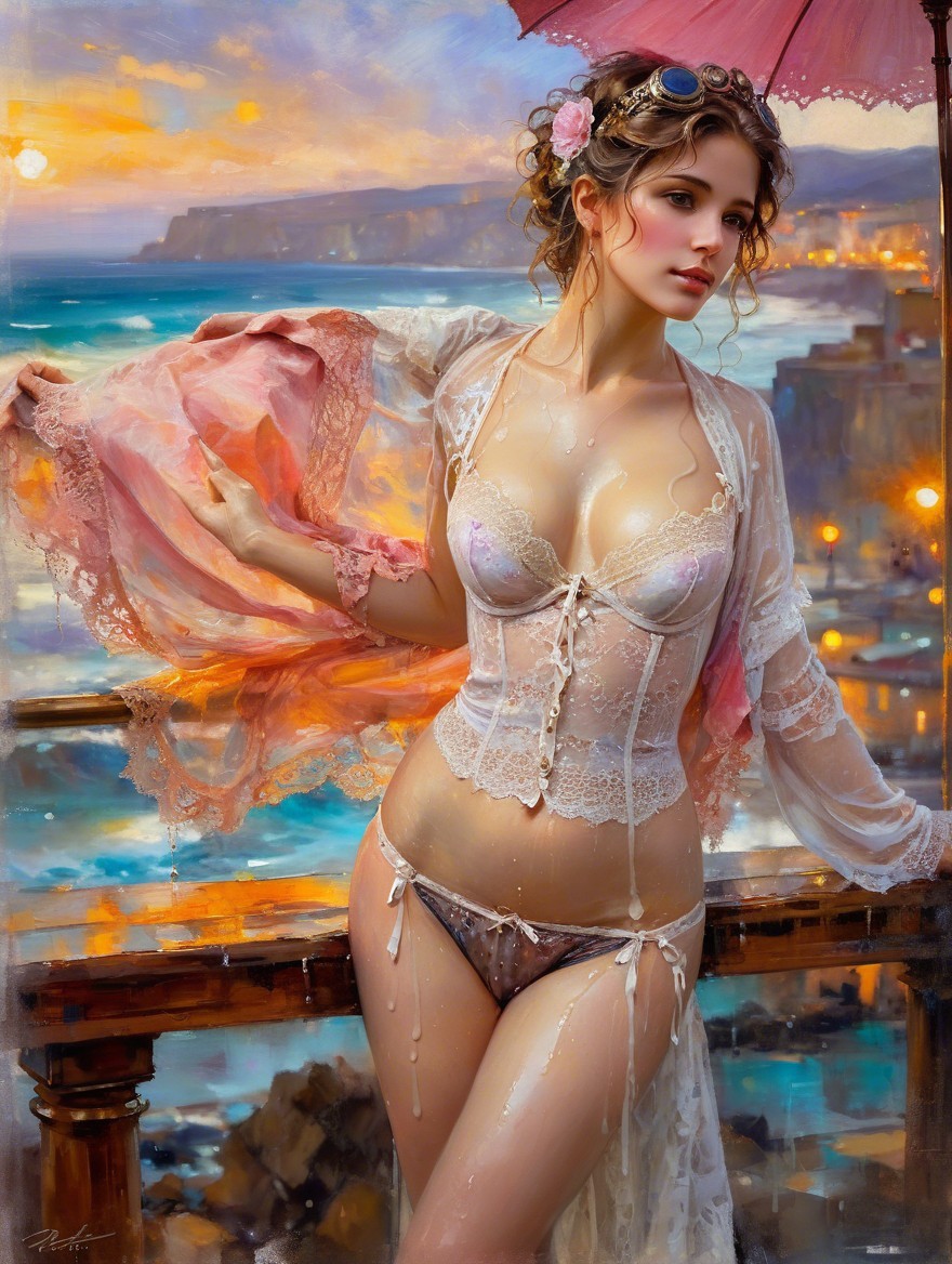 Woman on Balcony Overlooking Serene Seaside at Sunset