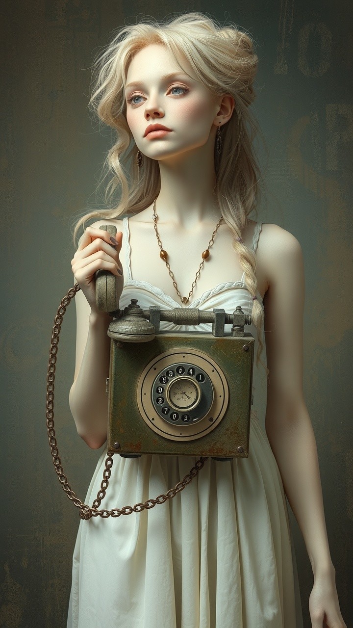 Serene figure in vintage attire with antique camera
