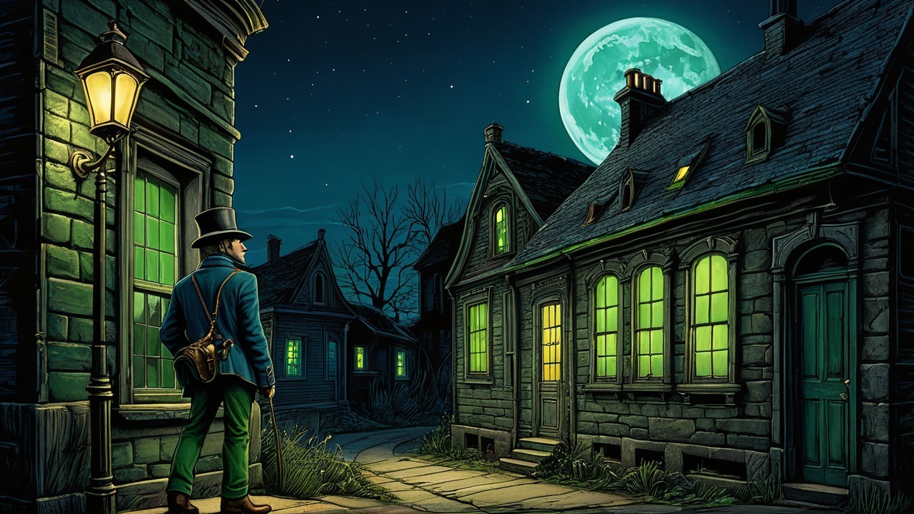 Mysterious Night Scene with Eerie Green Glow