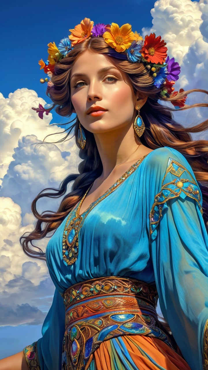 Elegant Woman in Blue Dress with Flower Crown