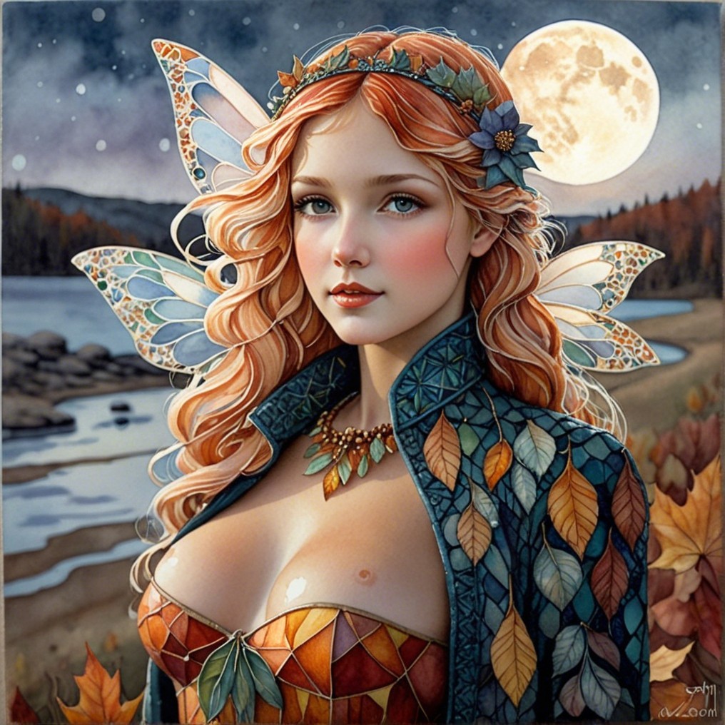 Fairy by the Shore Under a Full Moon with Colorful Wings