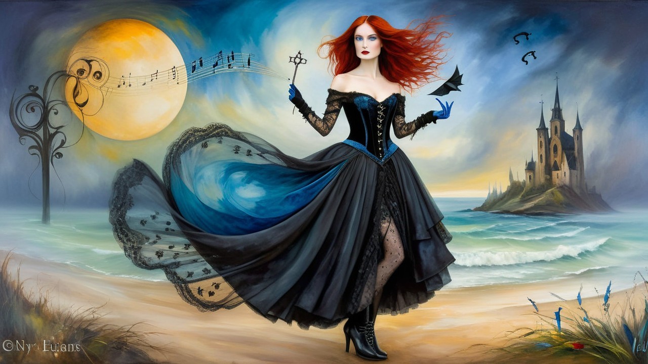 Red-haired woman in black gown at mystical seaside