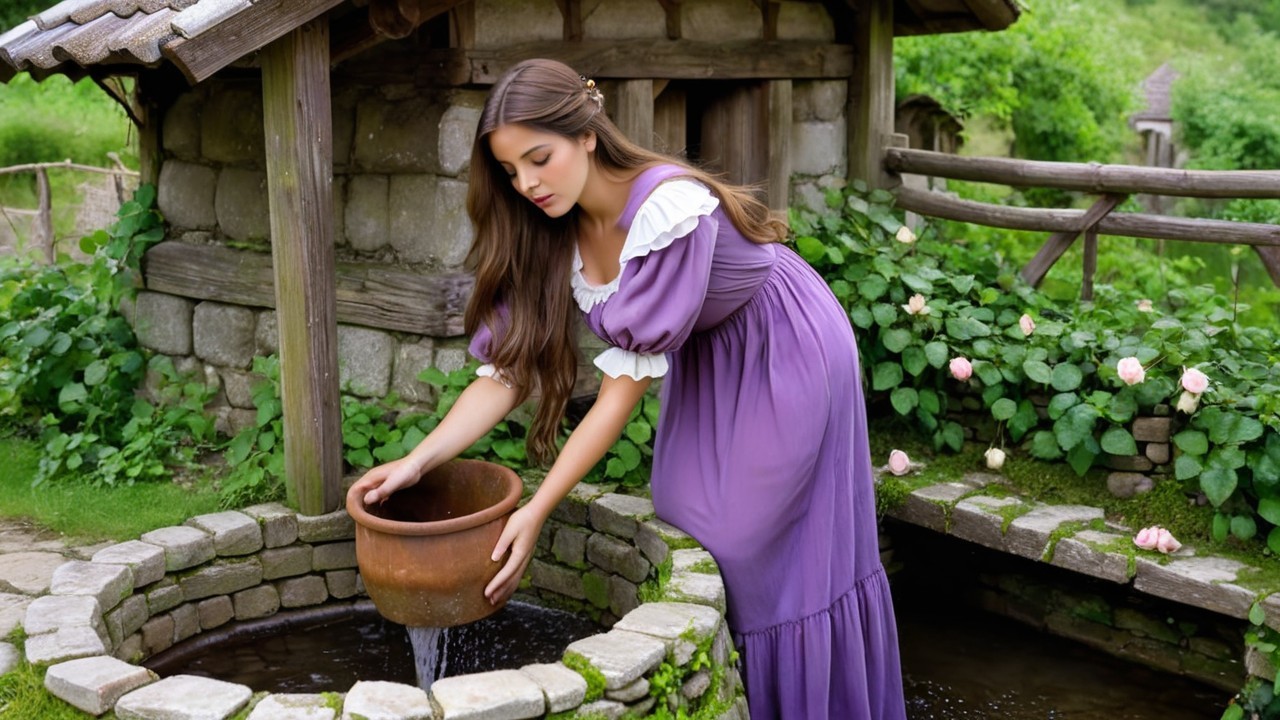 Young woman in purple dress by a stone well
