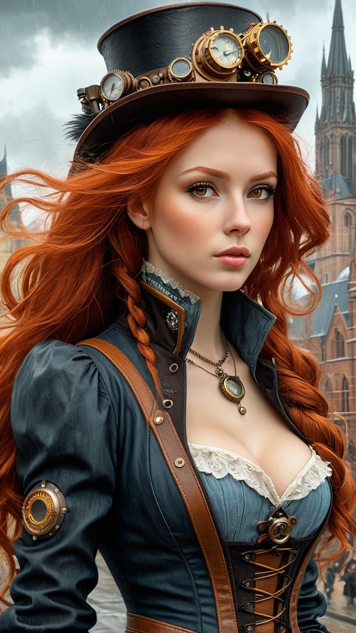 Steampunk Woman with Red Hair in Historic Setting