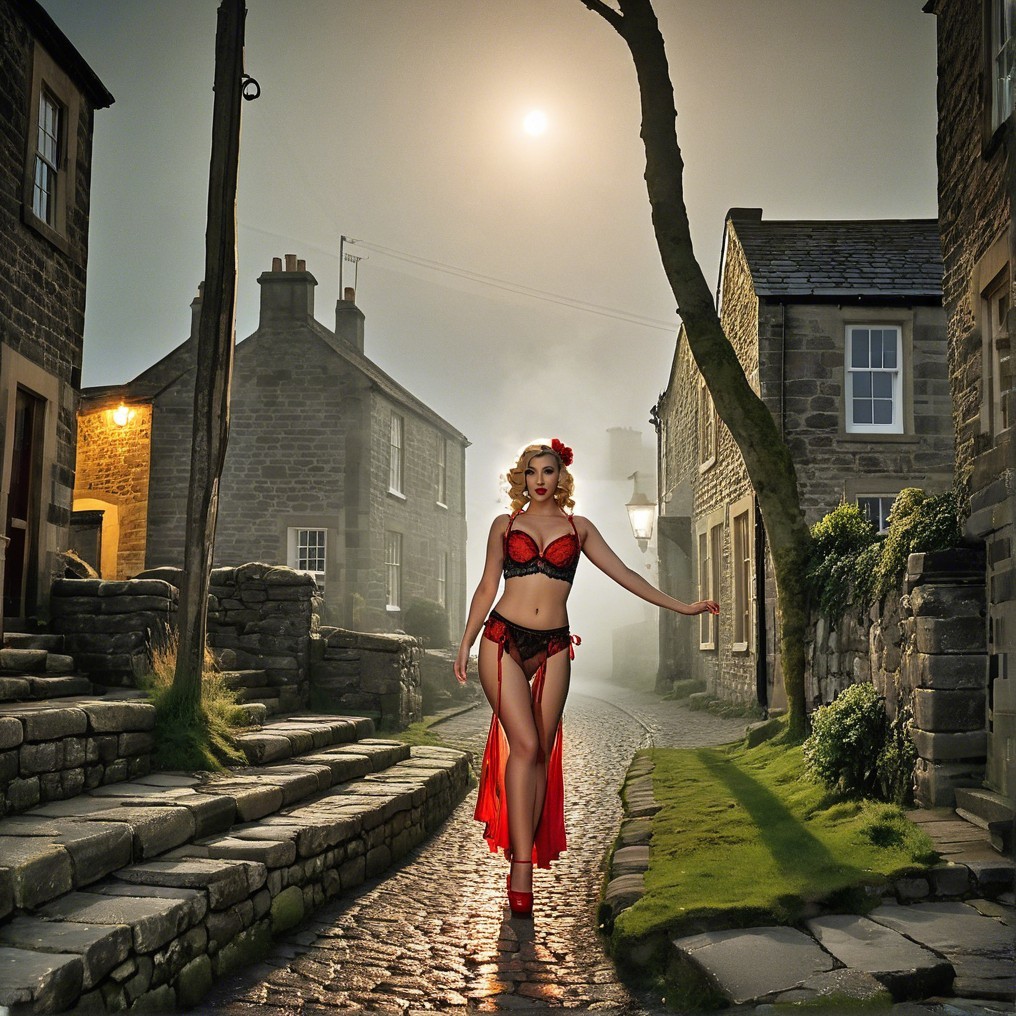 Glamorous Figure in Red Lingerie in Quaint Village
