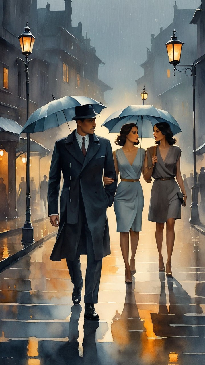 Film Noir Scene of Man and Women on Rainy Street