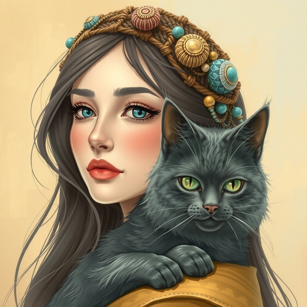 Portrait of a Young Woman with Cat and Colorful Headband