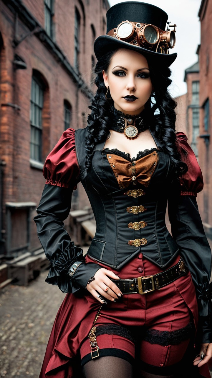 Steampunk-Inspired Woman in Alleyway Outfit Description