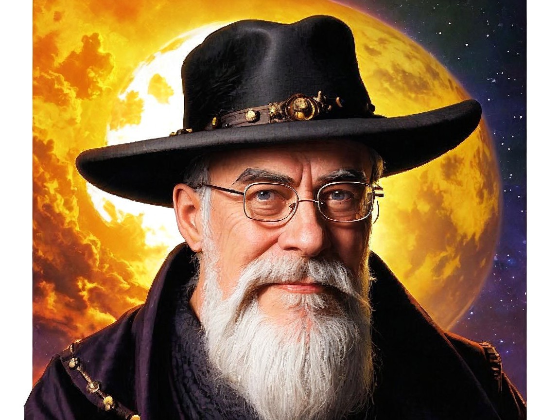 Wizard with Black Hat Against Cosmic Backdrop