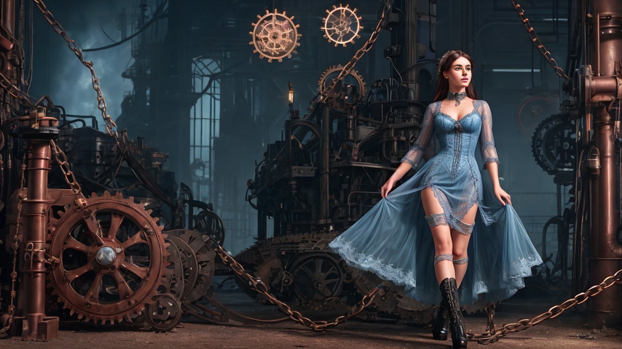 Steampunk Woman in Blue Corset Dress Among Machinery
