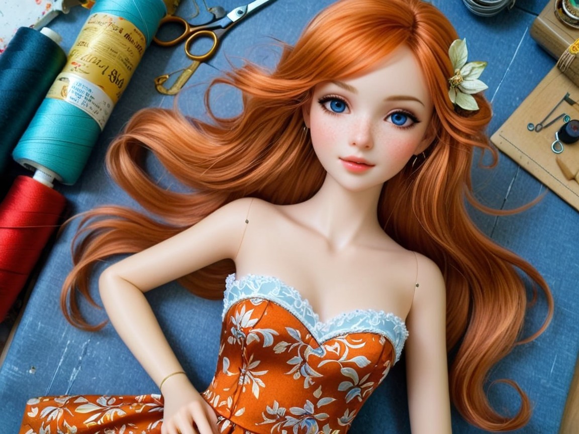 Young anime doll with orange hair and floral dress