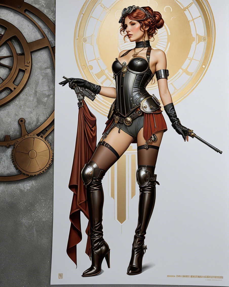 Steampunk Woman in Corset and Vintage Clock Background