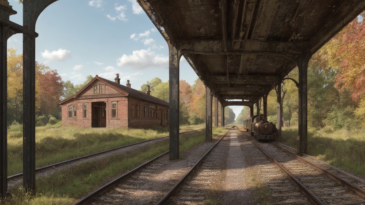 Old Rusty Train Station with Freight Train and Autumn Trees