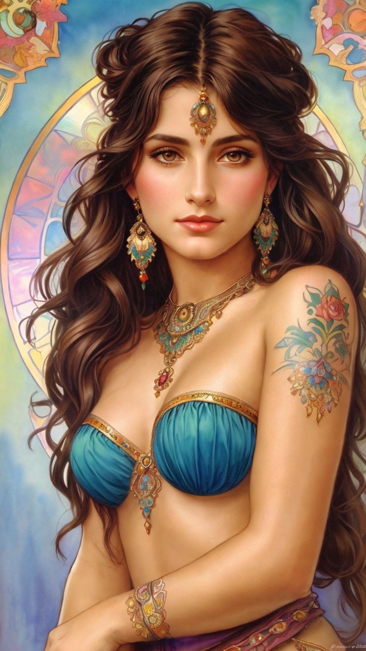 Elegant woman in colorful attire with intricate jewelry