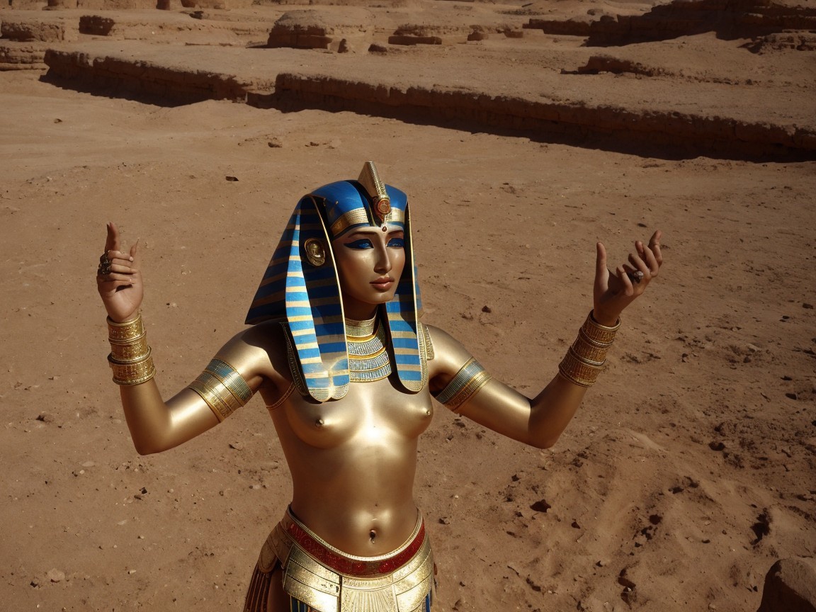 Ancient Egyptian Queen in Golden Jewelry and Desert