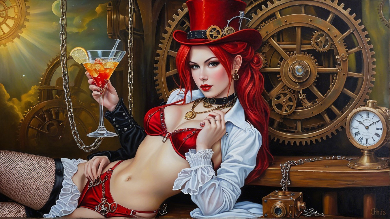 Steampunk Woman with Red Hair and Cocktail in Gears