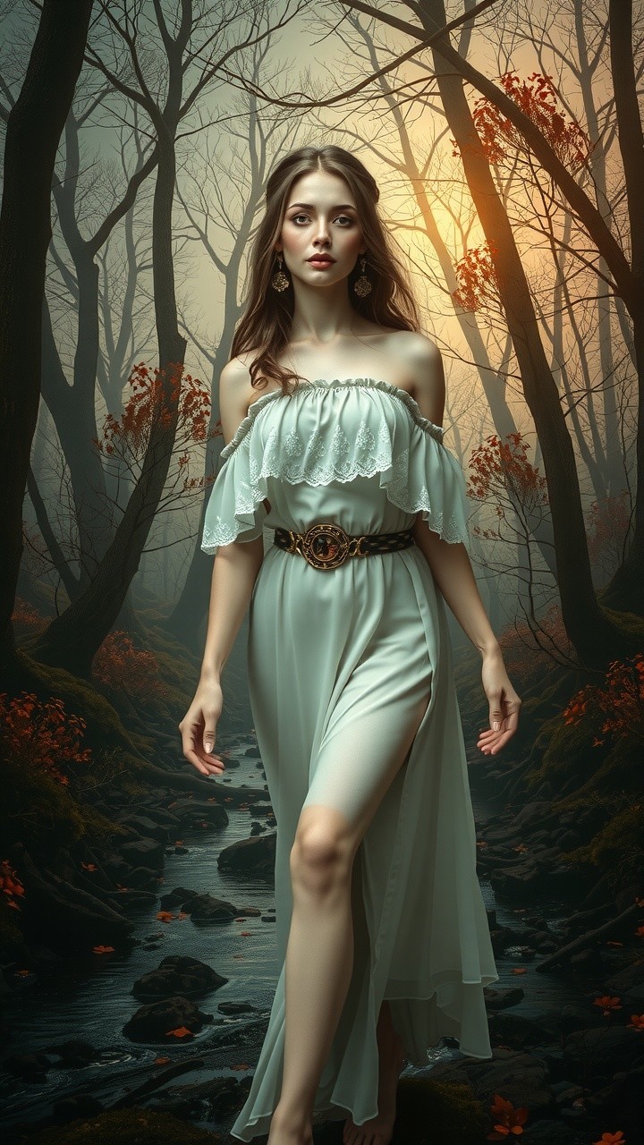 Mystical Twilight Forest with Young Woman in Gown