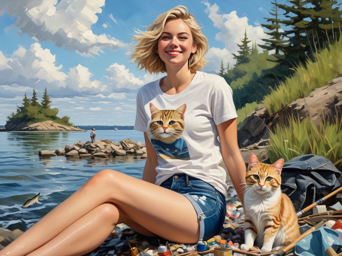 Cheerful Woman and Ginger Cat on Rocky Shoreline